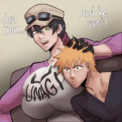Rule 34 | 1boy, 1girl, black hair, bleach, breasts, collarbone, english text, gloves, goggles, hat, highres, kumkwatart, kurosaki ichigo, large breasts, mature female, open mouth, orange hair, short hair, sitting, unagiya ikumi, upper body