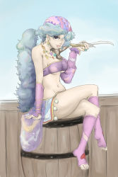 1girl armor bad_anatomy bandana blue_hair breasts cleavage feet female_focus final_fantasy final_fantasy_ii highres holding jewelry leila long_hair looking_at_viewer midriff necklace pirate purple_eyes purple_hair reila smile solo toeless_legwear