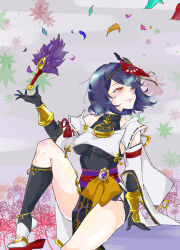 1girl abstract_background absurdres arm_at_side arm_guards armpits artist_request bare_shoulders black_gloves blue_hair breasts collarbone covered_navel detached_sleeves eyelashes falling_leaves fan feather_fan female_focus floating floating_hair floating_object genshin_impact geta gloves half-closed_eyes hand_up heel_up high_collar highres japanese_clothes knee_up kujou_sara large_breasts leaf legs light_smile looking_to_the_side mask mask_on_head medium_hair mihoyo navel neck obi purple_sash purple_sash red_footwear red_mask sandals sash shiny_skin shirt sidelocks sitting skin_tight sleeveless sleeveless_shirt socks swept_bangs tabi tengu tengu-geta tengu_mask thighs tiptoes tomoe_(symbol) turning_head vision_(genshin_impact) wide_sleeves yellow_eyes