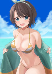 1girl 9696k absurdres bikini blue_eyes blue_jacket blue_sky breasts brown_hair cleavage cloud fang highres hololive jacket large_breasts looking_at_viewer navel official_alternate_costume oozora_subaru oozora_subaru_(hololive_summer_2019) open_mouth short_hair skin_fang sky smile solo striped_bikini striped_clothes swimsuit virtual_youtuber water white_bikini yellow_bikini yellow_jacket