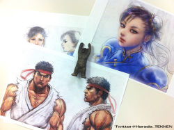 Rule 34 | 1boy, 1girl, bear, black hair, brown hair, bun cover, capcom, reference sheet, china dress, chinese clothes, chun-li, concept art, dougi, dress, earrings, headband, jewelry, kimura kenji, kuma (tekken), lips, magnet, muscular, namco, nose, photo (medium), ryu (street fighter), short hair, street fighter, street fighter x tekken, tekken, tekken x street fighter, traditional media, upper body