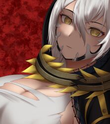 1girl absurdres black_cloak breasts cleavage cloak code_vein dress exy_exii hair_between_eyes highres hood hooded_cloak huge_breasts io_(code_vein) looking_at_viewer red_background short_hair sideboob solo upper_body white_dress
