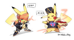 artist_name baseball_cap black_hoodie cape claw_pose clothed_pokemon commentary_request cosplay electricity fur-trimmed_cape fur_trim gen_1_pokemon green_eyes hand_up hat highres hood hoodie leon_(pokemon) leon_(pokemon)_(cosplay) long_sleeves nintendo open_mouth orange_headwear pikachu pokemon raihan_(pokemon) raihan_(pokemon)_(cosplay) red_cape shirt shoes short_sleeves smile standing tongue watermark white_background yellow_eyes youchengyan