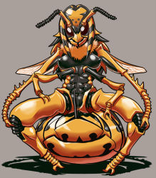 1girl antennae arthropod_girl bee_girl breasts breasts_apart carapace extra_arms female_focus full_body furry furry_female grey_background insect_girl insect_wings matsuda_yuusuke medium_breasts monster_girl nipples no_pupils original red_eyes scales solo spread_legs stinger wasp wings