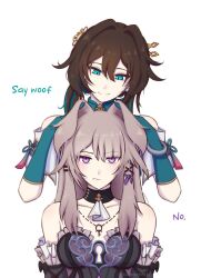 2girls animal_ears aqua_eyes ascot bare_shoulders black_choker black_dress black_hair choker detached_sleeves dress grey_hair hair_intakes herta_(honkai:_star_rail) highres honkai:_star_rail honkai_(series) jewelry kemonomimi_mode long_hair looking_at_viewer multiple_girls namelesswolf necklace purple_eyes ruan_mei_(honkai:_star_rail) sidelocks simple_background smile strapless strapless_dress the_herta_(honkai:_star_rail) upper_body white_ascot white_background