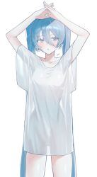 1girl :o aqua_eyes aqua_hair arms_up baggy_clothes blush breasts collarbone commentary_request cowboy_shot double-parted_bangs hair_between_eyes hakai_orz hatsune_miku highres interlocked_fingers long_eyelashes long_hair open_mouth shirt signature twintails vocaloid white_background white_shirt