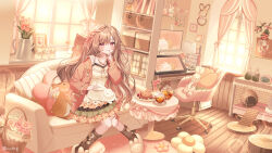1girl absurdly_detailed_composition absurdres basket blush bookshelf brown_socks cardigan chair commentary_request couch curtains drawing_tablet dress finger_to_mouth flower gaming_chair green_dress highres indoors kompeitou_(lemon_garden) layered_dress loaded_interior long_hair looking_at_viewer monitor mori_kei nail_polish original photo_(object) pill pink_cardigan pink_eyes rabbit slippers smile socks swivel_chair table tulip watering_can wavy_hair white_dress wicker_basket window