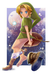 1boy artist_request ass barefoot blonde_hair blue_eyes blush boots bottomless bad_tag feet green_hat green_tunic hat highres legs link male_focus navy nintendo shield shota soles sword the_legend_of_zelda the_legend_of_zelda:_ocarina_of_time toes tunic weapon young_link