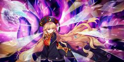 Rule 34 | 1girl, black dress, black hat, blonde hair, breasts, closed mouth, commentary, crescent, crescent print, dalachi (headdress), dress, earth (planet), energy, energy tail, english commentary, fingernails, fox tail, game cg, hat, highres, junko (touhou), long fingernails, long hair, long sleeves, looking at viewer, multiple tails, neck ribbon, official art, planet, red eyes, red nails, red tabard, ribbon, rotte (1109), smile, solo, tabard, tail, third-party source, touhou, touhou lostword, very long hair, wide sleeves, yellow ribbon