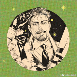 Rule 34 | 1boy, avengers (series), border, bow, box, christmas wreath, collared shirt, er miao ying ying ying, eyewear on head, facial hair, gift, gift box, glasses, gloves, green border, hand up, holding, holding box, jacket, leather, leather gloves, long sleeves, looking at viewer, male focus, marvel, necktie, open clothes, open jacket, outside border, partially colored, shirt, short hair, smile, solo, star (symbol), teeth, tony stark, upper body, vest, wreath
