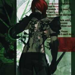 1boy armor black_choker black_gloves black_pants castlevania:_curse_of_darkness castlevania_(series) choker elbow_gloves english_text facial_mark facial_tattoo full-body_tattoo gloves green_background hair_over_one_eye highres holding holding_polearm holding_weapon isaac_(castlevania) male_focus medium_hair navel pants pauldrons polearm red_hair shoulder_armor sl4sherz0mb1e solo stomach_tattoo tattoo topless_male weapon wiping_mouth
