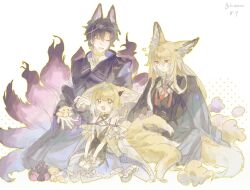 1boy 2girls animal_ears arknights blonde_hair blue_hairband braid brushing_another&#039;s_hair brushing_hair brushing_tail closed_eyes closed_mouth dress family father_and_daughter fox_boy fox_ears fox_girl fox_tail frilled_dress frills green_eyes hairband highres husband_and_wife kitsune kyuubi long_hair mother_and_daughter multiple_girls multiple_tails open_mouth orange_eyes purple_hair short_hair sitting suzuran&#039;s_father_(arknights) suzuran_(arknights) tail tao_se_blossom twin_braids vulpisfoglia_(arknights)