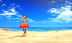 10s 1boy 2girls ahoge araragi_koyomi beach blue_sky boots buried cloud day drawfag dress green_hair hachikuji_mayoi hat highres long_hair looking_at_viewer looking_back md5_mismatch monogatari_(series) multiple_girls nisemonogatari ocean ononoki_yotsugi orz_(orz57) outdoors pantyhose rubber_boots shaft_look sky standing striped_clothes striped_legwear striped_pantyhose twintails v