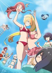 &gt;_&lt; 1boy 6+girls absurdres alternate_costume arms_up bikini black_hair blonde_hair blue_hair breasts brown_hair cleavage day disembodied_head dog frilled_bikini frills grin hair_ribbon highres holding_detached_head hoshikawa_lily konno_junko long_hair low_twintails medium_breasts medium_hair minamoto_sakura mizuno_ai multiple_boys multiple_girls navel nikaidou_saki open_mouth outdoors pink_hair ponytail ribbon romero_(zombie_land_saga) short_hair side-tie_bikini_bottom sleepy_frippy small_breasts smile standing stitches swimsuit tatsumi_koutarou teeth twintails water white_hair yamada_tae yuugiri_(zombie_land_saga) zombie zombie_land_saga