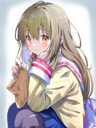 Rule 34 | 1girl, akayama yukihe, black pantyhose, blazer, blue skirt, blunt ends, blush, bow, brown eyes, brown hair, clannad, closed mouth, commentary request, cowboy shot, frown, hair between eyes, hair bow, hair intakes, hand on own cheek, hand on own face, hand up, highres, hikarizaka private high school uniform, holding, holding star, huge bow, ibuki fuuko, jacket, long hair, long sleeves, looking at viewer, low-tied long hair, miniskirt, pantyhose, pleated skirt, purple bow, school uniform, sidelocks, simple background, sitting, skirt, solo, star (symbol), straight hair, tareme, very long hair, vignetting, white background, yellow jacket