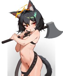 1girl :o absurdres animal_ear_fluff animal_ears armpit_crease axe bandeau bare_arms bare_shoulders belt black_bandeau black_belt black_hair black_nails blush bottomless breasts cat_ears cat_girl cat_tail commentary_request cowboy_shot criss-cross_halter hair_between_eyes hair_intakes halo halterneck hei_yksk highres holding holding_axe loli looking_at_viewer medium_hair multicolored_hair navel open_mouth orange_hair orange_halo original over_shoulder pointing pointing_at_self pubic_tattoo red_eyes skindentation small_breasts solo stomach sweat tail tattoo thigh_strap two-tone_hair weapon weapon_over_shoulder