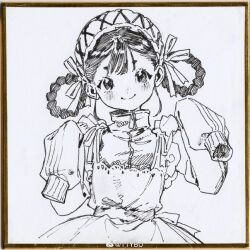 1girl apron back_bow blunt_bangs bow braid braided_hair_rings closed_mouth cowboy_shot dot_nose eyelashes frilled_apron frills fur-trimmed_headwear fur_trim greyscale hair_ribbon hair_rings hands_up happy hat hidari_(nanmu-left) jacket lace-trimmed_apron lace_trim light_blush monochrome original ribbon short_hair simple_background skirt sleeves_past_fingers sleeves_past_wrists smile solo striped_clothes striped_skirt tareme traditional_media turtleneck turtleneck_jacket vertical-striped_clothes vertical-striped_skirt watermark weibo_watermark white_background zipper zipper_pull_tab