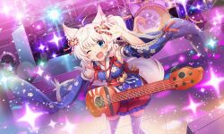 Rule 34 | 1girl, ;d, ahoge, animal ear fluff, animal ears, artist request, bell, blue eyes, blue kimono, detached sleeves, electric guitar, feet out of frame, floral print, fox ears, fox girl, fox tail, frilled skirt, frills, guitar, hair bell, hair ornament, howan (show by rock!!), instrument, japanese clothes, kimono, lens flare, looking at viewer, official art, one eye closed, open mouth, outstretched arm, pink hair, red skirt, short hair, show by rock!!, side ponytail, skirt, sleeveless, sleeveless kimono, smile, solo, sparkle, speaker, stage, tail, thighhighs, third-party source, white thighhighs