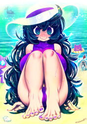 1girl @_@ ahoge ass beach bikini black_hair blue_eyes blue_hair blush breasts cameltoe closed_mouth colored_sclera creatures_(company) curly_hair facing_viewer feet feet_together female_focus floaty foot_focus full_body game_freak gen_1_pokemon gen_3_pokemon gen_7_pokemon gengar ghost grin hair_between_eyes hakkasame hat hex_maniac_(pokemon) huge_breasts inflatable_armbands knees_up lapras large_breasts legs long_hair looking_at_viewer multicolored_hat nail_polish nintendo no_shoes no_socks on_floor one-piece_swimsuit outdoors pokemon pokemon_(creature) pokemon_xy purple_bikini purple_hat purple_nails purple_one-piece_swimsuit purple_toenails red_sclera ringed_eyes sableye sand sandygast seashell shell simple_background sitting skin_tight sleeveless smile solo solo_focus summer sun_hat sweat swimsuit teeth thighs toenail_polish toenails toes turtleneck turtleneck_swimsuit very_long_hair water wavy_mouth white_hat wide-eyed