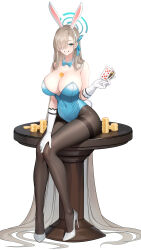 1girl absurdly_long_hair absurdres animal_ear_hairband animal_ears asuna_(blue_archive) asuna_(bunny)_(blue_archive) between_breasts black_pantyhose blue_archive blue_bow blue_bowtie blue_eyes blue_halo blue_leotard blue_ribbon bow bowtie breasts brown_hair card cleavage coin collar commentary covered_navel detached_collar fake_animal_ears gloves grin hair_over_one_eye hair_ribbon hairband halo hand_up high_heels highres holding holding_card large_breasts leotard long_hair looking_at_viewer merueru official_alternate_costume pantyhose patent_heels playboy_bunny pumps rabbit_ears ribbon shoes sitting smile solo stiletto_heels strapless strapless_leotard table traditional_bowtie very_long_hair white_collar white_gloves white_hairband white_shoes