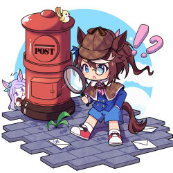 !? 2girls animal_ears ascot bird blue_eyes blue_jacket blue_shorts brown_hair cosplay eating edogawa_conan edogawa_conan_(cosplay) envelope footprints horse_ears horse_girl horse_tail jacket japanese_cylindrical_postbox meitantei_conan mejiro_mcqueen_(umamusume) monocle multiple_girls open_mouth pink_ascot ponytail purple_hair red_shoes shoes shorts tail tokai_teio_(umamusume) tomato_mameta umamusume
