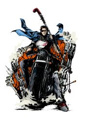 Rule 34 | 1boy, absurdres, black gloves, black hair, blue jacket, clenched teeth, eyepatch, fingerless gloves, gloves, highres, holding, holding lead pipe, hwoarang (tekken), jacket, jacket on shoulders, jbstyle, lead pipe, looking at viewer, male focus, motor vehicle, motorcycle, non-web source, on motorcycle, single hair streak, solo, teeth, tekken, tekken 7, white background