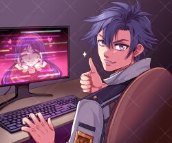 1boy 1girl absurdres black_hair blue_hair choker coat commentary commission computer_keyboard curtained_hair eiyuu_densetsu english_commentary hair_between_eyes highres long_hair long_sleeves looking_at_viewer miside monitor parted_bangs purple_eyes rean_schwarzer sen_no_kiseki sen_no_kiseki_(series) sen_no_kiseki_iii shirt sitting smile thumbs_up watermark yuzukiyo