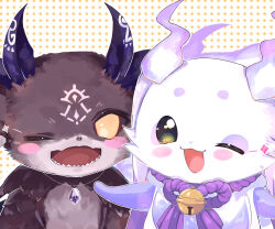 2others :3 ame_namida bell blush_stickers commentary_request debidebi_debiru green_eyes highres horns jewelry lunlun_(nijisanji) multiple_others neck_bell necklace nijisanji no_humans one_eye_closed open_mouth polka_dot polka_dot_background sharp_teeth smile teeth virtual_youtuber yellow_eyes