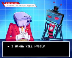 2boys ant_tenna arm_on_table blue_eyes blue_jacket bow bowtie claws colored_sclera commentary crossover crt deltarune english_commentary english_text gloves hat hazbin_hotel highres jacket male_focus mini_hat multiple_boys necktie object_head peru31224 pointy_nose red_bow red_bowtie red_jacket red_sclera sharp_teeth striped_clothes striped_vest teeth trait_connection vest vox_(hazbin_hotel) white_gloves yellow_necktie