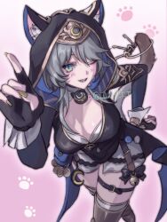 Rule 34 | 1girl, animal ear fluff, animal ears, animal hood, black gloves, black leotard, blue eyes, breasts, cat ears, cat girl, cat hood, cat tail, cipher (honkai: star rail), cleavage, commentary, fingerless gloves, gloves, grey hair, highres, holding, holding key, holding with tail, honkai: star rail, honkai (series), hood, key, l0ver t t, large breasts, leotard, mole, mole on breast, one eye closed, paw print, paw print background, pink background, prehensile tail, short hair with long locks, shorts, solo, tail, twitter username, white shorts, yellow nails