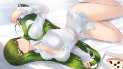 1girl bare_legs barefoot bed_sheet breasts c.c. cait_aron code_geass commentary dress_shirt eating food green_hair hair_spread_out highres large_breasts long_hair long_sleeves looking_at_viewer lying naked_shirt on_side partially_unbuttoned pizza pizza_box pizza_slice shirt solo white_shirt yellow_eyes
