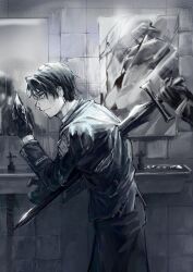 Rule 34 | 2boys, :|, bathroom, black gloves, black hair, black suit, broken glass, claw pose, closed mouth, constricted pupils, cowboy shot, curtained hair, dual persona, facial hair, faucet, formal clothes, from side, full mask, glass, gloves, goatee stubble, highres, holding, holding sword, holding weapon, impaled, library of ruina, mirror, multiple boys, out of frame, project moon, reflective surface, roland (project moon), sink, stab, stubble, suit, sword, tile wall, tiles, torn clothes, weapon, wuruko