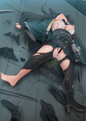 1girl animal_ears ankle_boots anus bar_censor black_boots black_gloves black_hair black_pantyhose black_skirt boots breasts censored fingerless_gloves fox_ears fox_girl fumihiko_(fu_mihi_ko) gauntlets gloves green_jacket high-waist_skirt high_heels highres hoshimi_miyabi jacket large_breasts long_hair lying nipples on_back on_floor open_clothes open_jacket pantyhose pee pleated_skirt pussy shirt single_boot skirt solo torn_clothes torn_pantyhose torn_shirt torn_skirt unworn_boots white_shirt zenless_zone_zero