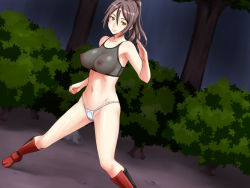 Rule 34 | 1girl, bare arms, bare shoulders, breasts, brown hair, female focus, fighting stance, fishnets, floating hair, forest, fundoshi, green eyes, groin, japanese clothes, large breasts, legs, long hair, looking at viewer, nature, navel, nightmare express, ninja, nipples, original, outdoors, ponytail, see-through clothes, shimano natsume, sleeveless, smile, solo, standing, thighs, tree