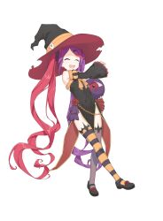 1girl absurdres closed_eyes covered_navel creature detached_sleeves dress flat_chest flower full_body hat highres horizontal-striped_thighhighs long_hair mary_janes misaki_(halloween)_(princess_connect!) misaki_(princess_connect!) multicolored_hair open_mouth princess_connect! purple_hair red_hair ribbonsnek rose shoes side_slit smile solo transparent_background twintails two-tone_hair very_long_hair witch witch_hat