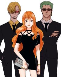 1girl 2boys arm_tattoo black_dress black_necktie black_suit blonde_hair bracelet commentary_request cowboy_shot crossed_arms curly_eyebrows dress facial_hair formal_clothes goatee green_hair hair_over_one_eye hand_in_pocket highres holding jewelry long_hair looking_at_viewer mihana07 multiple_boys nami_(one_piece) necktie one_eye_closed one_piece orange_hair red_nails ring roronoa_zoro sanji_(one_piece) scar scar_across_eye scar_on_face shirt short_hair simple_background sparkle suit sunglasses tattoo white_background white_shirt yellow_shirt