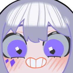 1girl close-up gem grey_hair grin highres hololive hololive_english jewel_under_eye koseki_bijou looking_at_viewer pungson_mori purple_eyes purple_gemstone simple_background smile solo teeth virtual_youtuber white_background