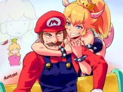 1boy 2girls aurastack bird blonde_hair blue_eyes bowsette bracelet breast_press brown_hair cap crown earrings facial_hair fangs hat horns hug jewelry leaf long_hair mario mario_(series) multiple_girls muscular muscular_male mustache new_super_mario_bros._u_deluxe nintendo overalls princess_peach shell smile spiked_bracelet spikes tail