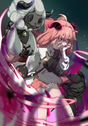 1girl ahoge aura bag bell black_bag bow bowtie claws cloudy_(wuthering_waves) commentary_request cosmos_(wuthering_waves) dress encore_(wuthering_waves) energy feet_out_of_frame flower-shaped_pupils frilled_skirt frills goat_horns grin hair_between_eyes hair_bow hair_ornament hands_on_own_cheeks hands_on_own_face highres horns light_particles long_hair looking_ahead mismatched_arm_warmers neck_bell pink_bow pink_bowtie pink_hair pink_pupils pink_skirt purple_eyes sheep_horns short_sleeves shoulder_bag skirt smile stuffed_animal stuffed_sheep stuffed_toy symbol-shaped_pupils teeth tororo_035 twintails twitter_username v-shaped_eyebrows white_dress wuthering_waves