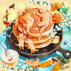 animal animal_focus artist_name bee bug butter dog english_text flower food food_focus fork frying_pan golden_retriever honey insect issiki_toaki knife lying no_humans orange_flower original oversized_food oversized_object pancake pancake_stack plate sign signature spoon star_(symbol) syrup twitter_username white_flower yellow_background