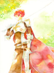 1boy armor belt blue_eyes breastplate brown_belt brown_tabard cape closed_mouth cross feet_out_of_frame holding holding_sword holding_weapon leg_armor looking_at_viewer lord_knight_(ragnarok_online) male_focus pauldrons profile ragnarok_online red_cape red_hair sansaro short_hair shoulder_armor smile solo spiked_gauntlets standing sword tabard weapon