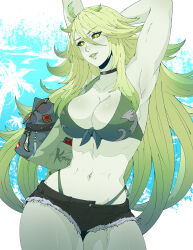 1girl armpits arms_up barbariccia bikini bikini_under_shorts breasts colored_sclera colored_skin commentary cutoffs english_commentary final_fantasy final_fantasy_xiv green_bikini green_hair green_lips green_sclera green_skin highres koyorin large_breasts long_hair looking_at_viewer micro_shorts navel shorts slit_pupils solo swimsuit very_long_hair yellow_eyes