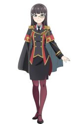 1girl aqua_eyes black_capelet black_hair black_jacket black_necktie black_shoes black_skirt blunt_bangs buttons capelet closed_mouth collared_shirt dia_(genjitsu_no_yohane) double-breasted epaulettes full_body genjitsu_no_yohane hair_intakes hair_ornament hairclip highres jacket kurosawa_dia long_hair long_sleeves looking_at_viewer love_live! love_live!_sunshine!! mary_janes medium_skirt mole mole_under_mouth monocle necktie official_art pantyhose pencil_skirt red_pantyhose shirt shoes simple_background skirt smile solo split_mouth standing tachi-e transparent_background white_shirt