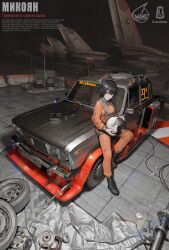 1girl absurdres aircraft airplane black_hair boots cable car chise_huixing_denixi english_text fighter_jet helmet highres holding holding_helmet jumpsuit lada_(car) license_plate looking_at_viewer military_vehicle motor_vehicle orange_jumpsuit original outdoors pilot_helmet race_vehicle racecar radio_antenna science_fiction short_hair sitting solo sports_car vehicle_focus wheel