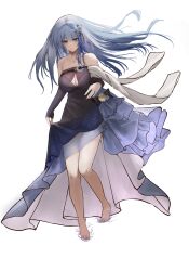 Rule 34 | 1girl, absurdres, alc.3vol, barefoot, blue eyes, blue hair, breasts, cleavage, dress, girls&#039; frontline, girls&#039; frontline neural cloud, hair ornament, highres, hubble (ever-radiant star) (neural cloud), hubble (neural cloud), jewelry, large breasts, light blue hair, multicolored hair, official alternate costume, ring, smile, solo, streaked hair, white background