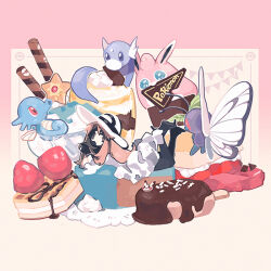1girl alternate_costume black_footwear black_gloves black_pantyhose brown_eyes brown_hair butterfree closed_mouth commentary creatures_(company) dessert dratini dress food game_freak gen_1_pokemon gloves hat high_heels horsea leaf_(pokemon) lillin long_hair lying nintendo on_stomach pantyhose pokemon pokemon_(creature) pokemon_frlg staryu sun_hat white_dress white_headwear wigglytuff