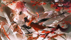1girl absurdres bare_shoulders black_collar black_jacket black_sleeves black_thighhighs body_markings braid breasts changli_(wuthering_waves) chinese_commentary cleavage collar colored_extremities commentary_request detached_sleeves dress feathers hair_between_eyes hair_extensions hair_intakes hair_ornament highres holding holding_umbrella incredibly_absurdres jacket large_breasts layered_sleeves logo long_hair long_sleeves looking_at_viewer multicolored_hair official_art oil-paper_umbrella orange_eyes parted_lips pink_hair red_feathers red_hands ring_hair_extensions short_over_long_sleeves short_sleeves smile solo tacet_mark_(wuthering_waves) thigh_strap thighhighs twin_braids two-tone_hair umbrella very_long_hair white_dress white_hair white_umbrella wuthering_waves
