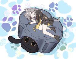 1girl animal_ears black_cat black_gloves black_jacket black_shoes cat cat_ears cat_girl cat_tail gloves grey_hair highres honkai:_star_rail honkai_(series) jacket luyue paw_print shoes sleeping solo tail teeth trailblazer_(honkai:_star_rail)