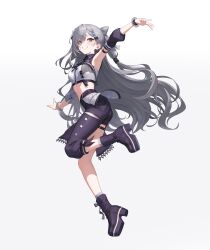 1girl amagai_tarou armpits asymmetrical_clothes black_boots black_pants black_ribbon blue_eyes boots braid braided_bangs center_frills collared_shirt commentary_request cone_hair_bun cropped_shirt detached_sleeves double_bun frills grey_hair grey_shirt grin hair_bun hair_ornament hair_ribbon hairclip highres hololive hololive_indonesia long_hair long_sleeves looking_at_viewer matsuo_shogo midriff official_alternate_costume official_art outstretched_arm pants platform_boots platform_footwear puffy_short_sleeves puffy_sleeves ribbon second-party_source shirt short_sleeves simple_background single_detached_sleeve single_pantsleg smile solo two_side_up very_long_hair vestia_zeta virtual_youtuber white_background zipper