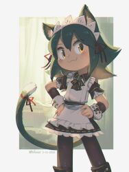 1girl :3 absurdres animal_ears apron cat_ears cat_girl cat_tail character_request copyright_request green_hair hair_ribbon highres looking_at_viewer maid maid_apron maid_headdress medium_hair porforever red_ribbon ribbon solo tail tail_ornament tail_ribbon wrist_cuffs yellow_eyes
